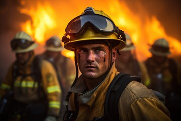 Amidst billowing flames and thick smoke, a powerful image encapsulates the valiant efforts of firefighters battling an inferno. 