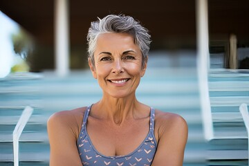 Portrait of smiling senior woman standing by swimming pool at leisure centre - Powered by Adobe