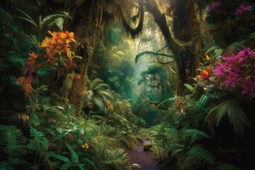 Vibrant rainforest: lush life, serene waterfalls and colorful birds., generative IA