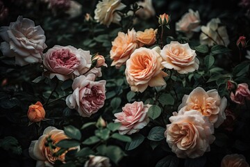 Rose garden in harmony, a flower blooms., generative IA