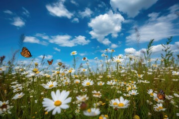 Blooming meadow, daisies and dancing butterflies., generative IA