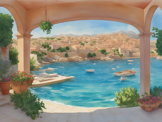 Mediterranean sea view from terrace. Relaxing travels. Watercolor illustration