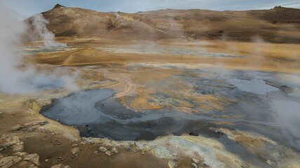 Sulfur-hot geysers at Hverir in Iceland in a natural outdoor setting
