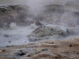 Sulfur-hot geysers at Hverir in Iceland in a natural outdoor setting