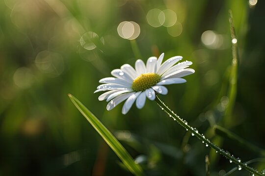 Lonely daisy with dewdrops on green field., generative IA