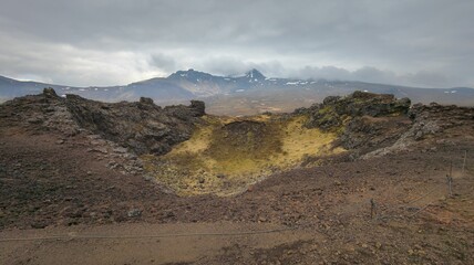 Closeup of a beautiful landscape featuring hills and mountains of Iceland during a cloudy weather
