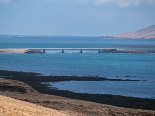 Closeup of beautiful Godafoss cascade under the blue sky in Iceland