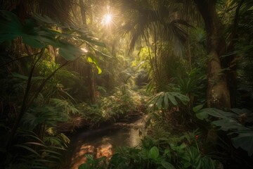 Lush jungle, meandering stream, vibrant wildlife., generative IA