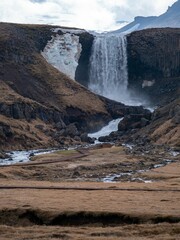 Closeup of beautiful Godafoss cascade under the blue sky in Iceland