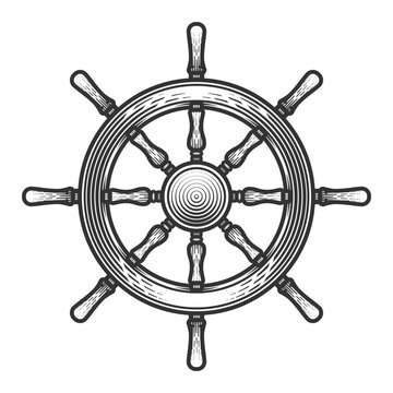Ship wooden steering wheel. Vector illustration in engraving technique of old fashioned wooden helm.