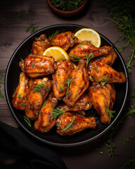 Generated photorealistic image of a black plate with BBQ chicken wings