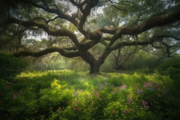 Serene glade with oak, ferns and lush lilies., generative IA