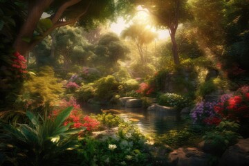 Fototapeta na wymiar Lush garden with flowers, trees, butterflies and birds., generative IA