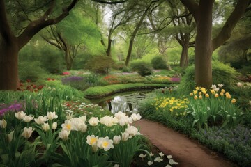 Lush garden: Trees, flowers and serene stream in harmony., generative IA