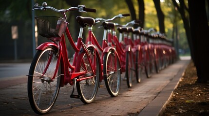 Obraz premium Generative AI, Bike sharing system, many red city bikes parked. Healthy ecology urban transportation. 