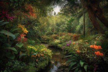 Lush jungle with central tree and colorful flowers., generative IA