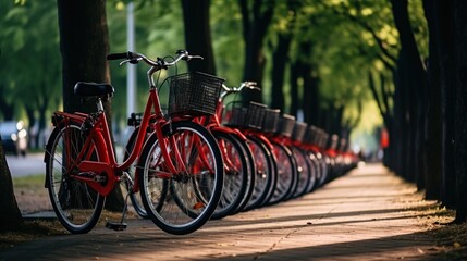 Fototapeta premium Generative AI, Bike sharing system, many red city bikes parked. Healthy ecology urban transportation. 