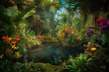 Fototapeta na wymiar Lush jungle with central tree and colorful flowers., generative IA