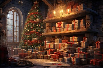 christmas gift stack in a cozy living room setting, with a warm fireplace glowing in the background, evoking the holiday spirit