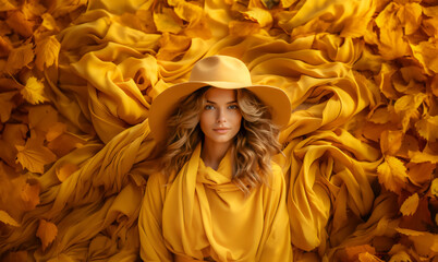 Portrait of beautiful woman in yellow dress and hat on a Autumn background colors and leaves.
