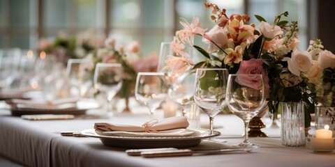 Wedding reception table setting with beautiful flowers , sparkling glassware and dishes, extra wide with copy space - Powered by Adobe