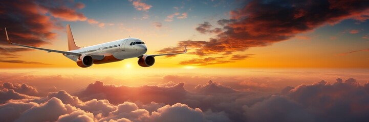 Fototapeta na wymiar Commercial airplane flying above dramatic clouds during sunset, background with copy space, extra wide