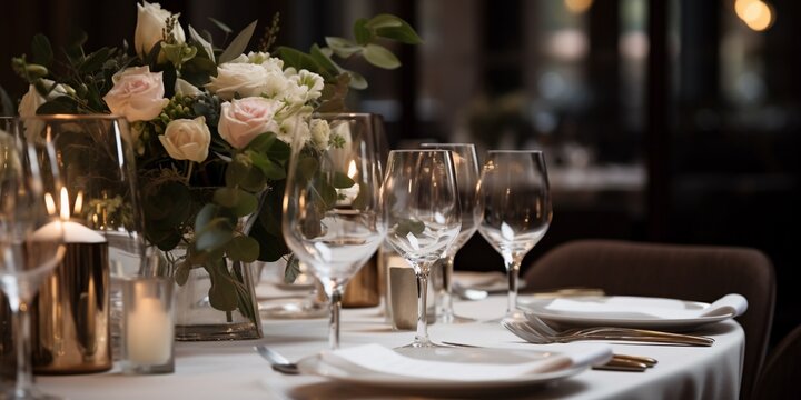 Wedding reception table setting with beautiful flowers , sparkling glassware and dishes, extra wide with copy space