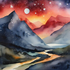 Fototapeta premium Watercolor wolf with mountains and clouds