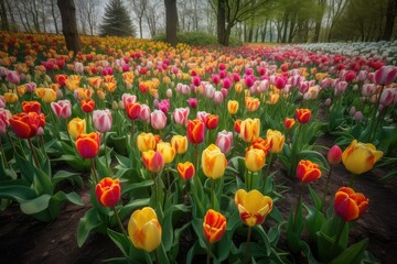 Colorful tulips in harmony in the morning light., generative IA