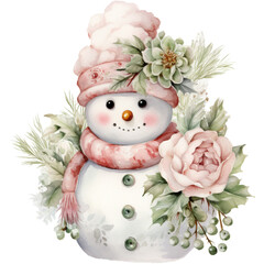 Watercolor Pastel Snowman and Flowers Clipart. Snowman and Floral Decor. Christmas Theme Illustration.