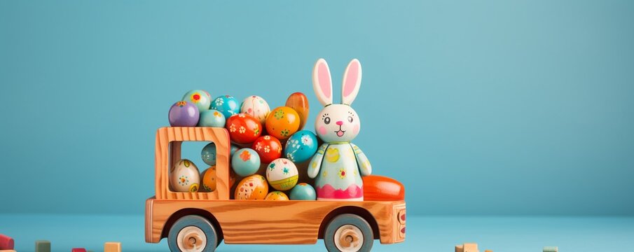 Colorful toy truck loaded with colorful Easter eggs and a happy bunny on blue background with copy space.