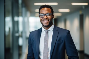 Fototapeta premium Smiling African American man guy businessman business assistant person office employee company manager entrepreneur job advisor startup analyst CEO employer marketing specialist finance stock investor