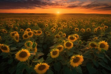 Sea of golden sunflowers in the setting sun., generative IA