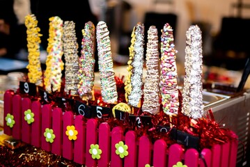 Closeup of waffles on stick in Prague, Czech republic