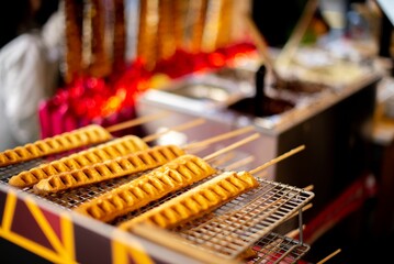 Closeup of waffles on stick in Prague, Czech republic