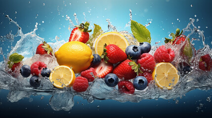 Vibrant Summer Fruit Showcase - Captivating Banner of Luscious Lemons, Juicy Raspberries, Succulent Strawberries, and Plump Blueberries immersed in Refreshing Blue Water, adorned w 