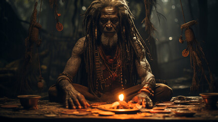 An African shaman or witch doctor engaging in a ritual within their sacred space, creating a mysterious and dark occult portrait.