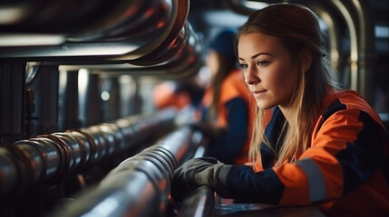 A female plumber engaged in her professional occupation, working near metal pipes indoors 