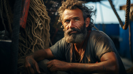 A fisherman engaged in the seafood industry, of Indian origin, captured in a portrait while working on a small fishing boat.