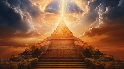 A stone staircase ascending towards a distant orange-yellow radiance, evoking the concept of a 