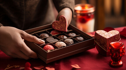 A close-up of hands exchanging chocolates and candies from an elegantly decorated gift box, showcasing indulgence and affection.  - obrazy, fototapety, plakaty