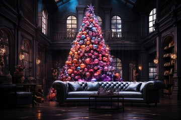 Decorated Christmas tree with colorful balls in a luxurious interior, new year tradition, merry xmas