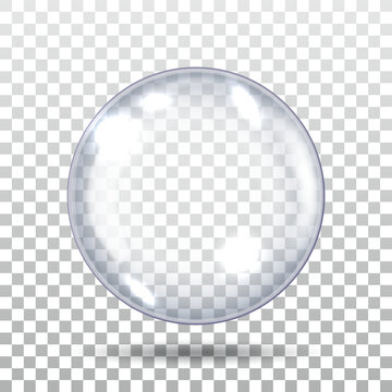 3D Realistic Glass Spherical Ball on Checkered Background. Render Big Transparent Glass Sphere with Glares and Shadow. Translucent Light Sphere Icon. Realistic Vector Illustration