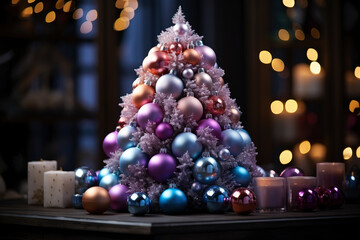 Fototapeta premium Decorated Christmas mini tree with colorful balls, new year tradition, merry xmas