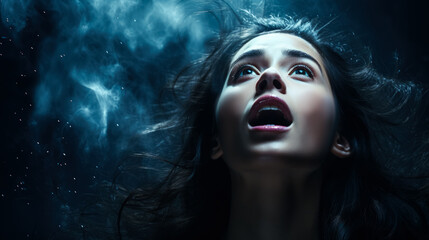 Mystic shocked flying woman face on dark background with a place for text 
