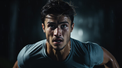 Running in slow motion confused face of man on dark background with a place for text 