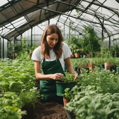 Attractive plant nursery female in her greenhouse