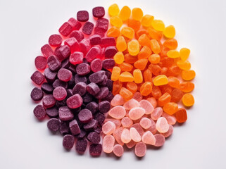 Group of red, orange and purple multivitamin gummies isolated on white background