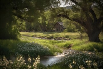 Fototapeta na wymiar Rosemary bush in bloom next to stream and picturesque barn., generative IA