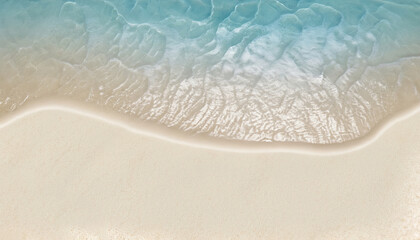 Fototapeta na wymiar Abstract white sand beach with transparent water wave from above, concept banner background photo
